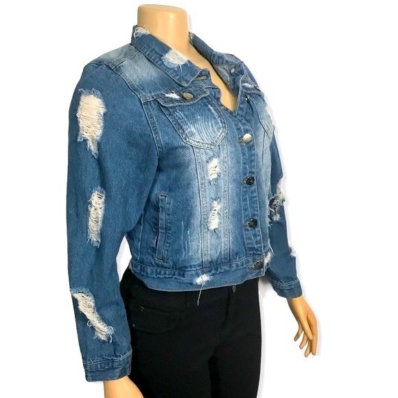 Between Us Denim Trucker Jacket factory Ripped and Distressed size S - Picture 9 of 16
